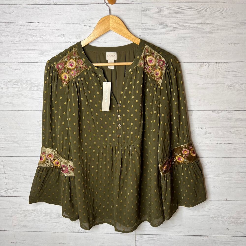 Chicos Blouse Womens Size 1/Medium Dark Olive Green Velvet Embroidered Flowers - Picture 3 of 16